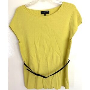JONES NEW YORK  Ribbed Belted Top Sz: XL Mustard/Green‎ Rayon Nylon Boat Neck